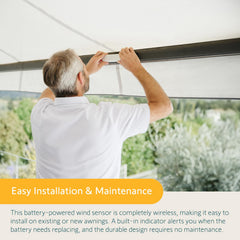 Somfy Eolis 3D beside a hand showing compact size and easy installation benefit