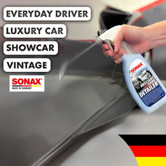 SONAX being wiped with microfiber on car panel showing safe removal of light dirt and streak-free result