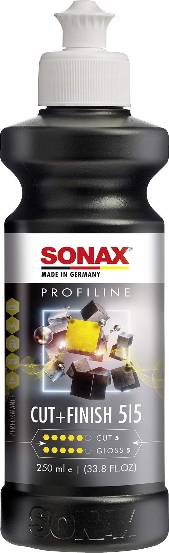 SONAX Cut & Finish 250ml front bottle view showing label and capacity benefit