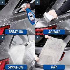 SONAX cleaner being sprayed onto vinyl wrap to loosen road grime and insect residue