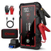 Soulor front view of jump starter showing compact design and labels, reliable roadside power