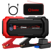 Soulor front view of jump starter showing compact design and rugged build, ideal for travel