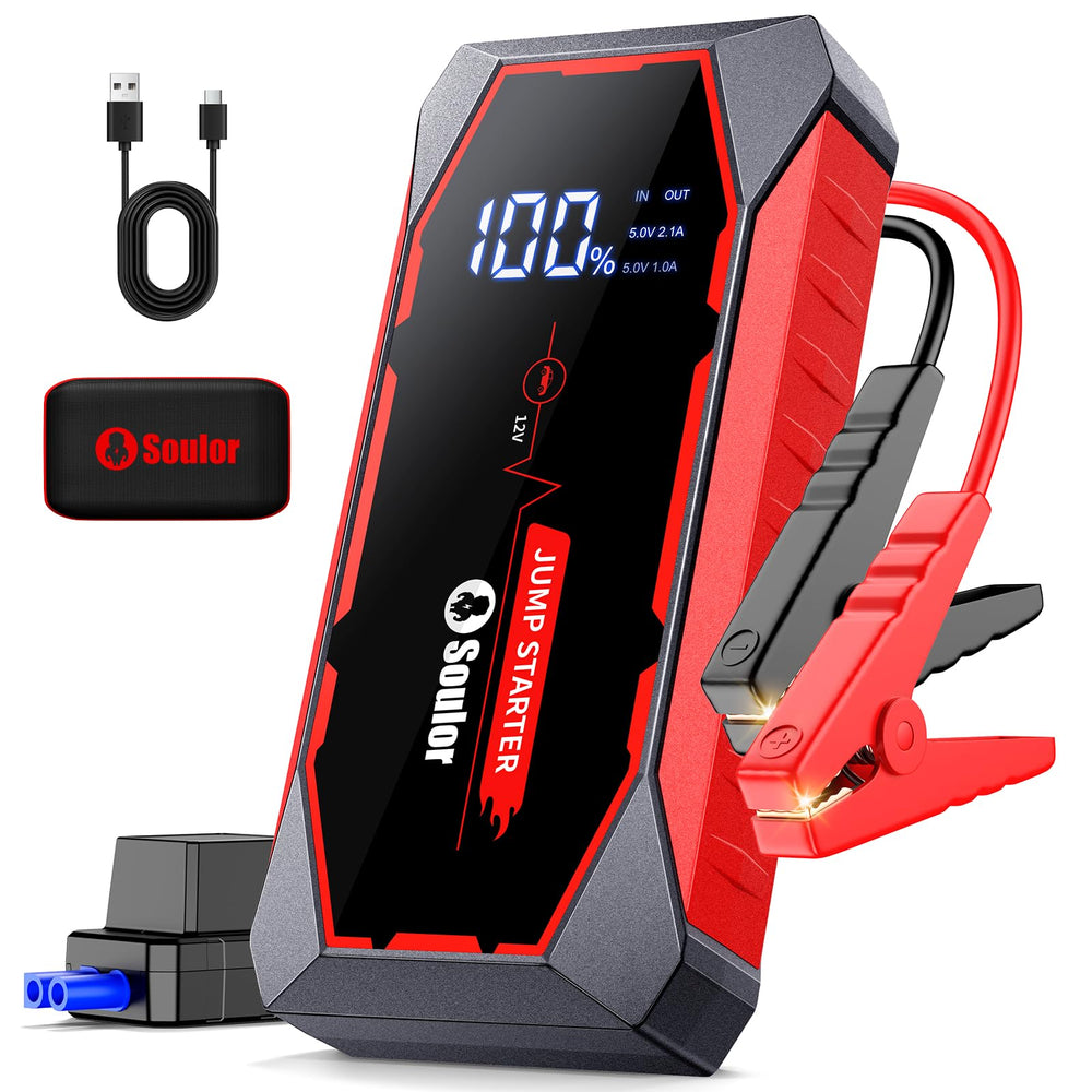Soulor jump starter front view showing compact design and ports for quick storage benefit