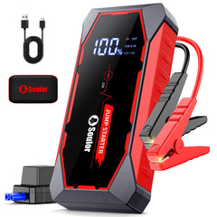 Soulor jump starter front view showing compact design and ports for quick storage benefit