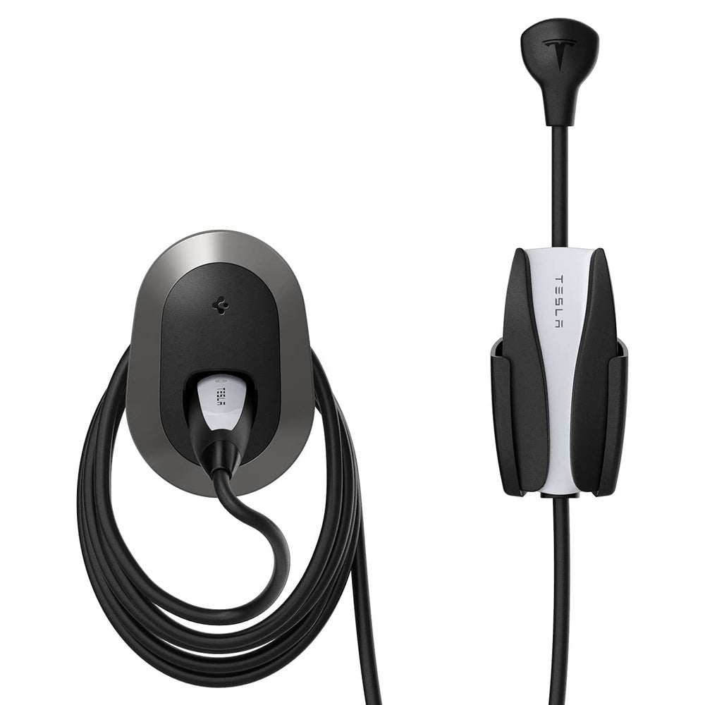 Spigen Bespoke front view showing tidy mounted Tesla connector and neat storage benefit