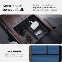 Spigen tray installed in Tesla armrest showing secure precise fit and stability