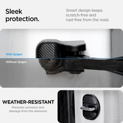 Spigen hinge cover on rear door illustrating corrosion prevention