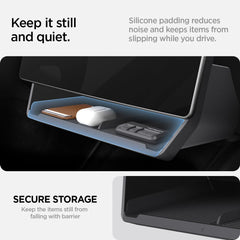 Spigen organizer installed under Tesla screen illustrating easy access and tidy cabin