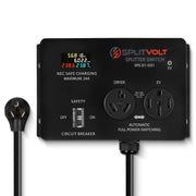 Splitvolt front view plugged into dryer outlet showing easy installation benefit