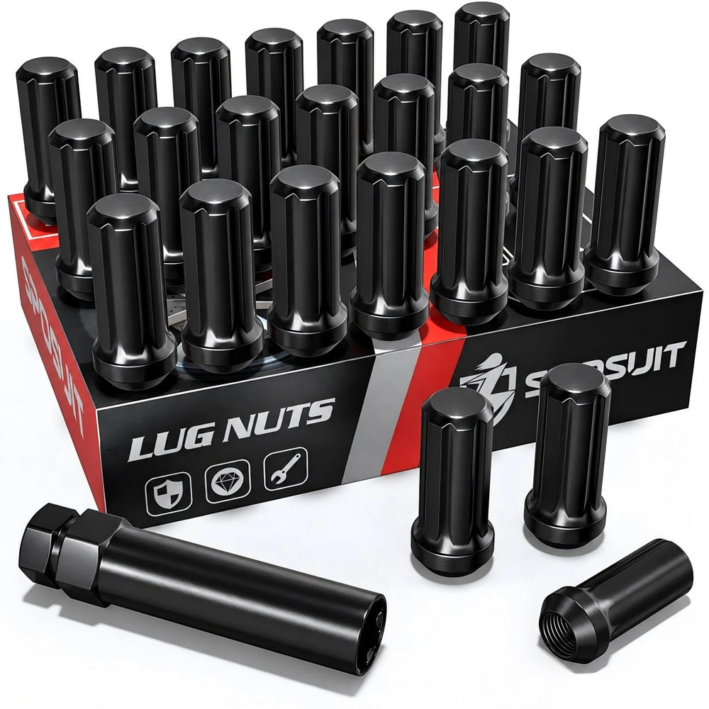 Sposuit front packaging showing 24-piece lug nut set benefit: easy full replacement