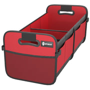 Sposuit front view of red trunk organizer showing tidy groceries and visibility benefit