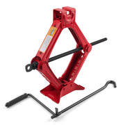 Stacool front view of red scissor jack showing compact packaged form and portability