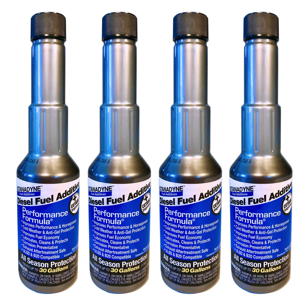 Stanadyne front packaging four 8 oz bottles showing compact maintenance kit benefit