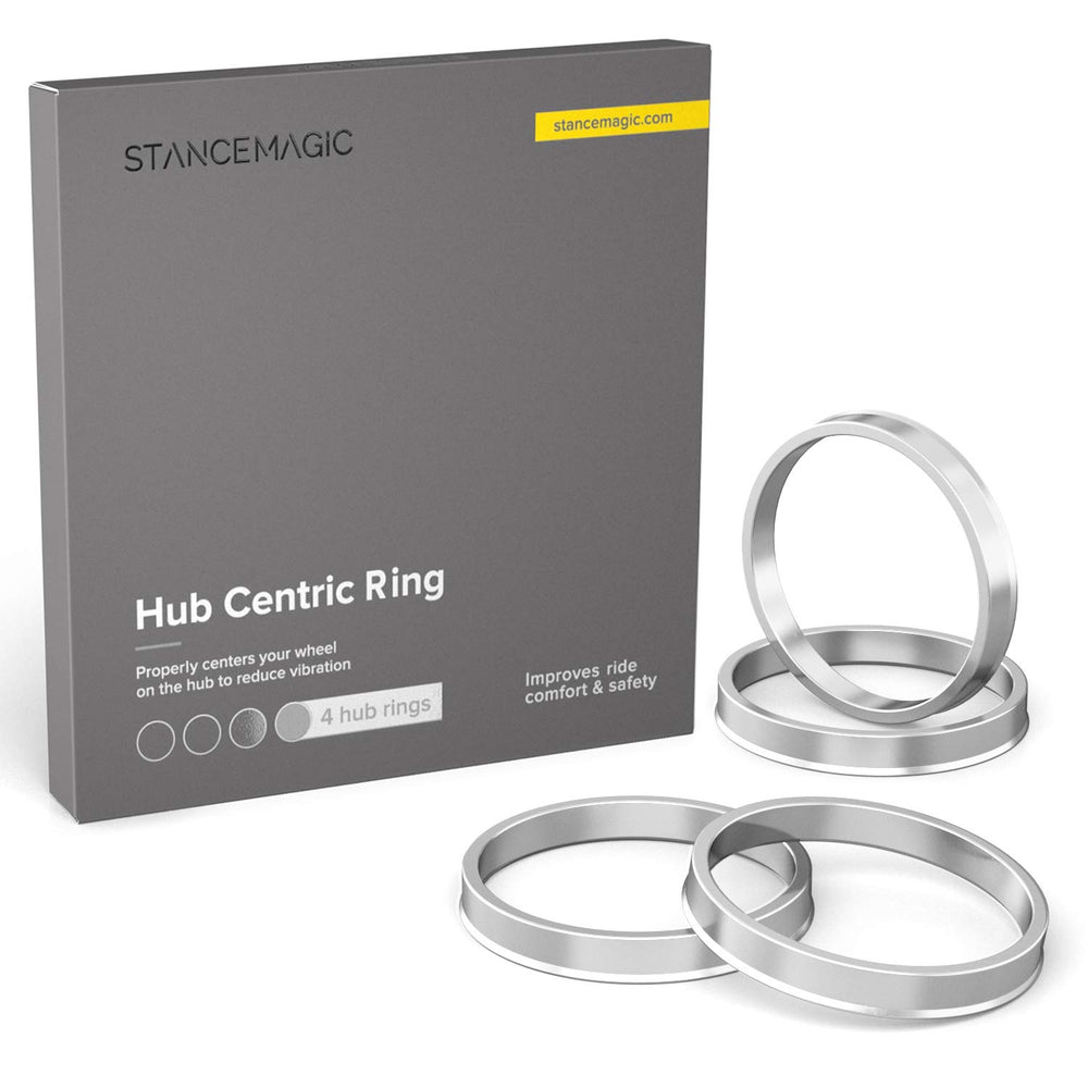 StanceMagic front view of four silver hub rings showing fit and finish, improves wheel centering