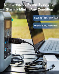Steinwhale DC output label detail showing 36V 1.67A benefit stable power delivery