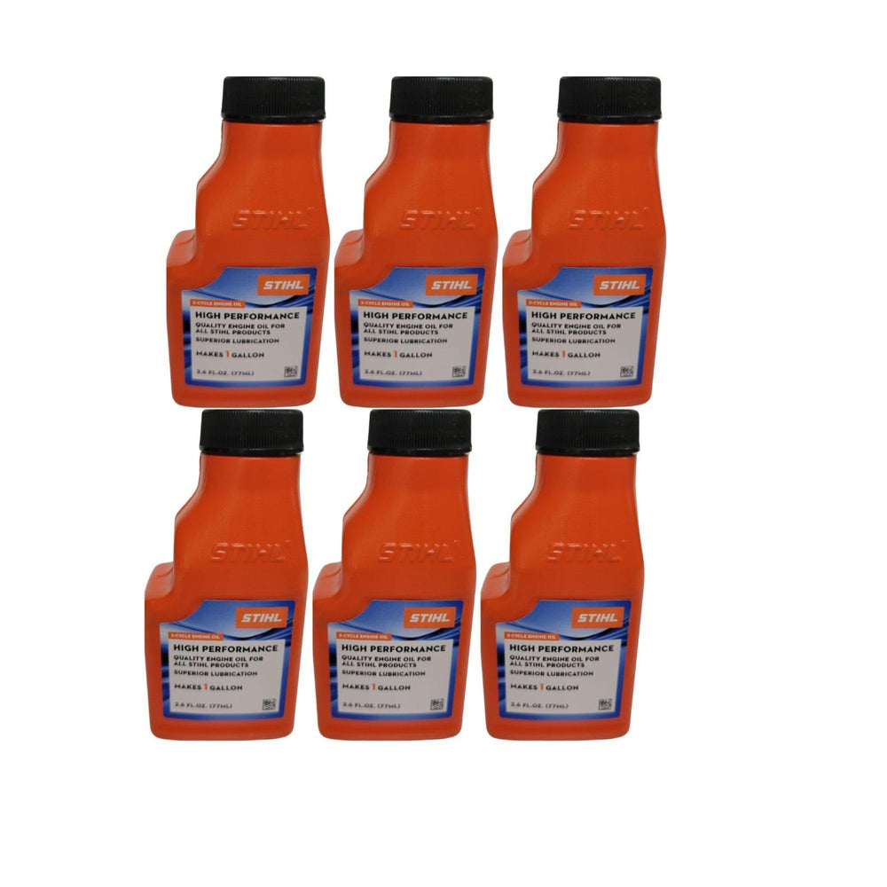 STIHL front view of six 2.6-ounce oil bottles showing compact pack and labeling for easy transport
