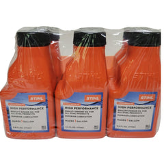 STIHL close-up of bottle label highlighting mix ratio and high performance formula benefits