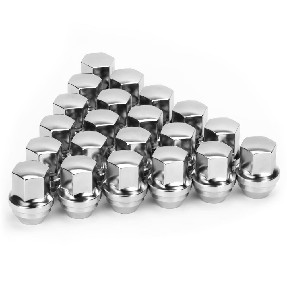 SUCOSO front view of 20 chrome lug nuts showing OEM-style fit and quick installation benefit