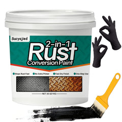 Sucyajied front label on 35 oz black rust converter can showing product benefits