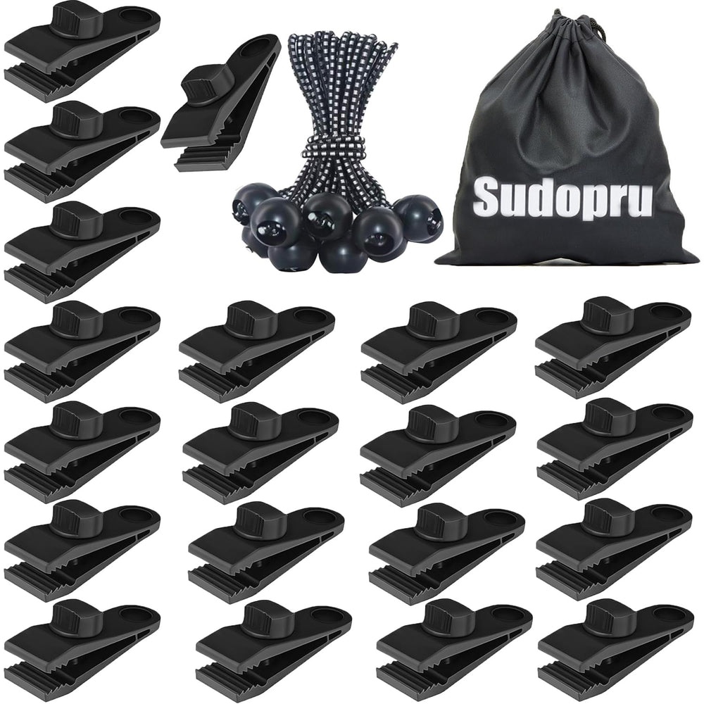 Sudopru front packaging showing 40-piece tarp clip and bungee kit for quick organization
