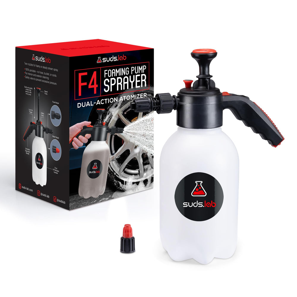 suds.lab front view of F4 foaming sprayer showing compact design and portability