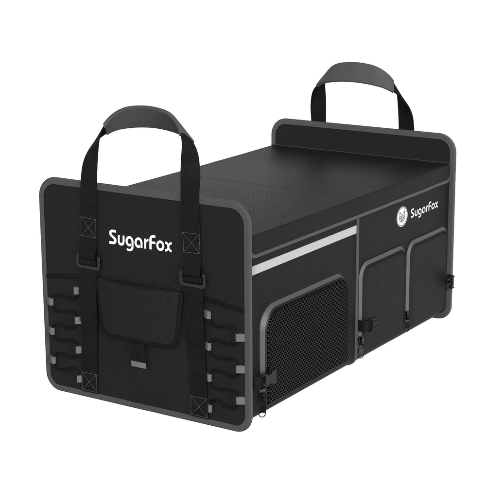 SugarFox front view of organizer showing color block design and main compartments, keeps trunk tidy