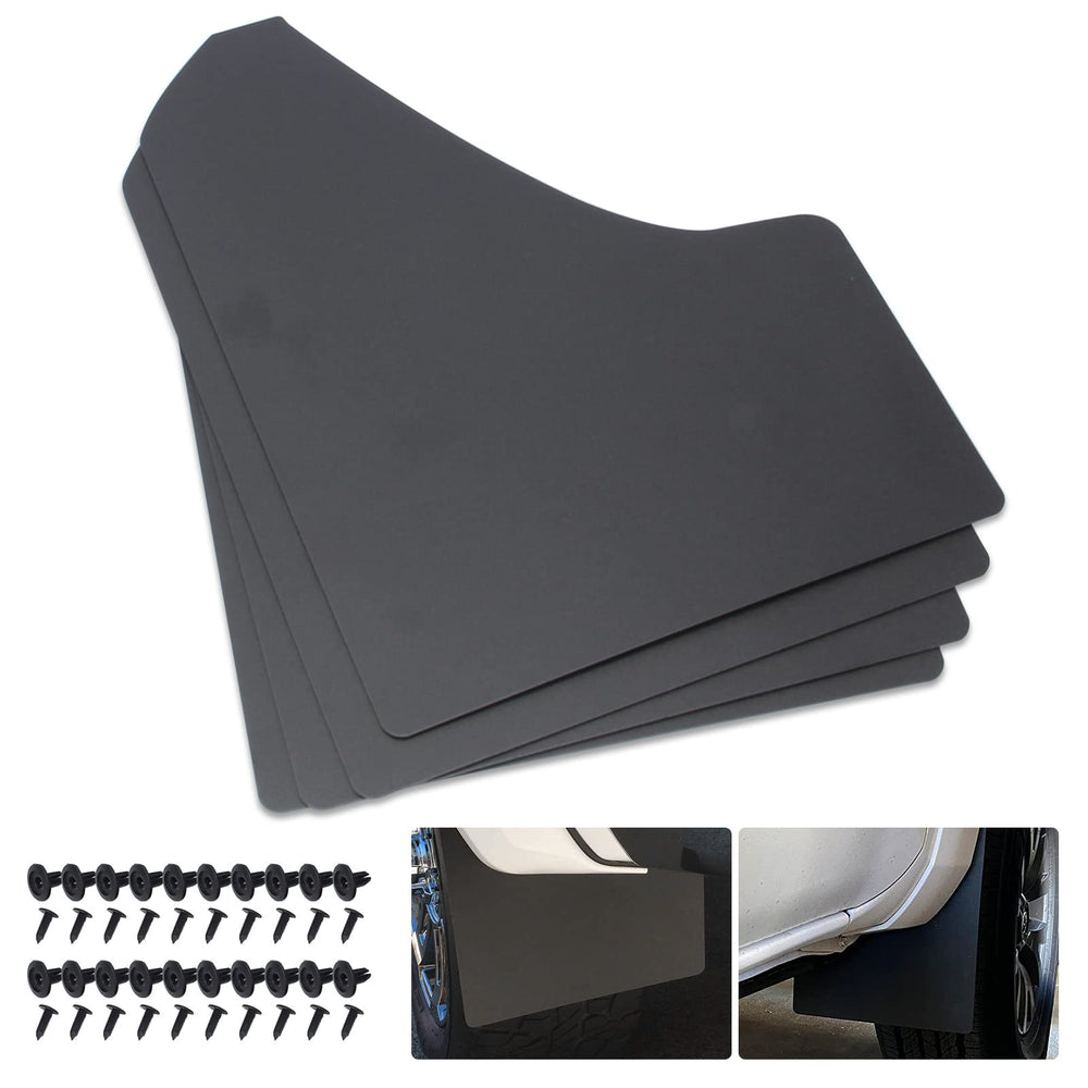 SUNPIE front view of four black mud flaps showing universal fit and protection