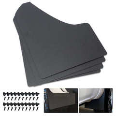 SUNPIE front view of four black mud flaps showing universal fit and protection