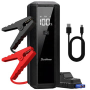 SuntNeew front view of compact jump starter showing controls and ports for quick use