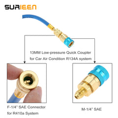 SURIEEN injector attached to car A/C low-side port demonstrating easy field use
