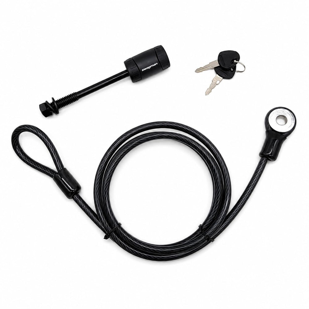 Swagman locking hitch pin front view showing chrome finish and secure fit