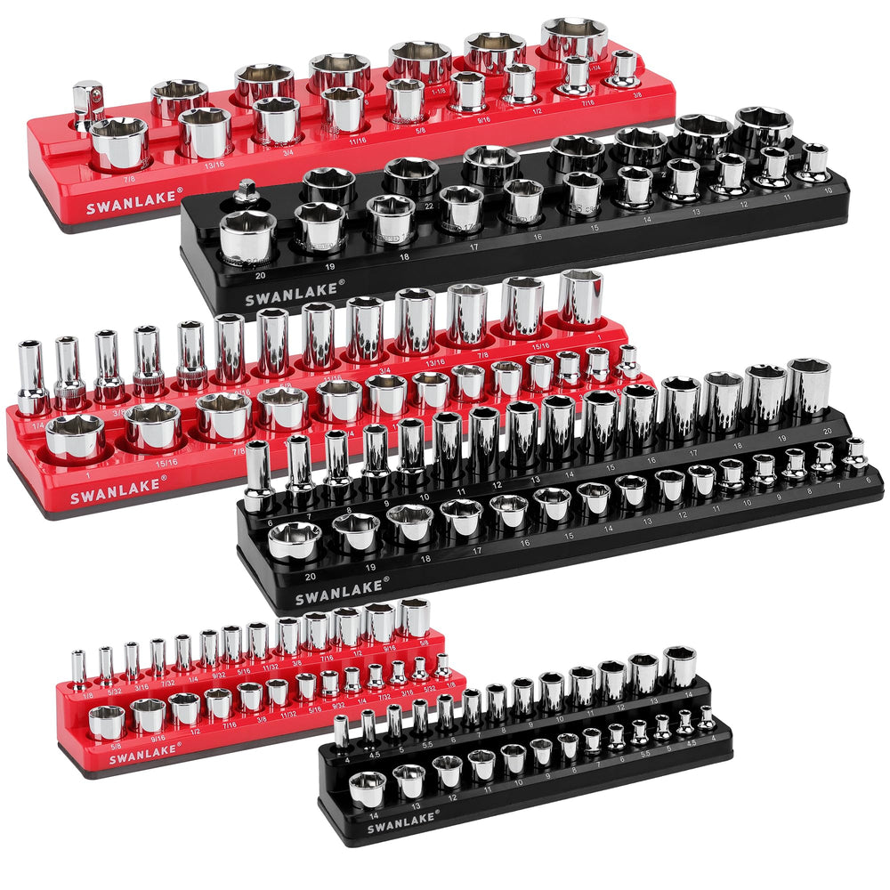SWANLAKE GARDEN TOOLS front view of 6-piece organizer set showing color-coded trays and capacity benefit