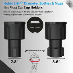 Swigzy installed in car holding a Yeti 46oz Rambler securely to prevent tipping on drives