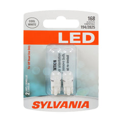 SYLVANIA front view of 168 T10 W5W LED mini bulb showing compact design and bright white light