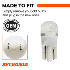 SYLVANIA retail 2-pack packaging of 168 T10 W5W LED bulbs showing easy twin replacement