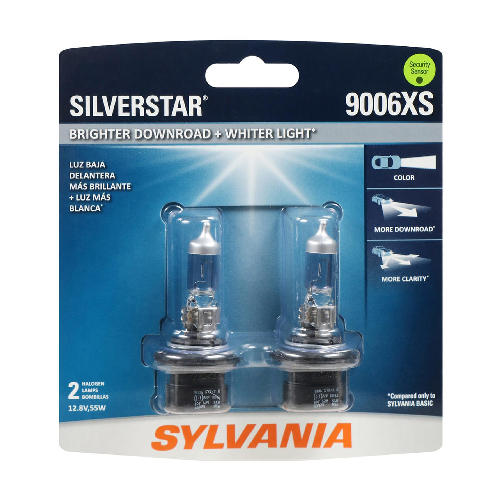 SYLVANIA 9006XS two-bulb pack front view, clear packaging shows product benefits