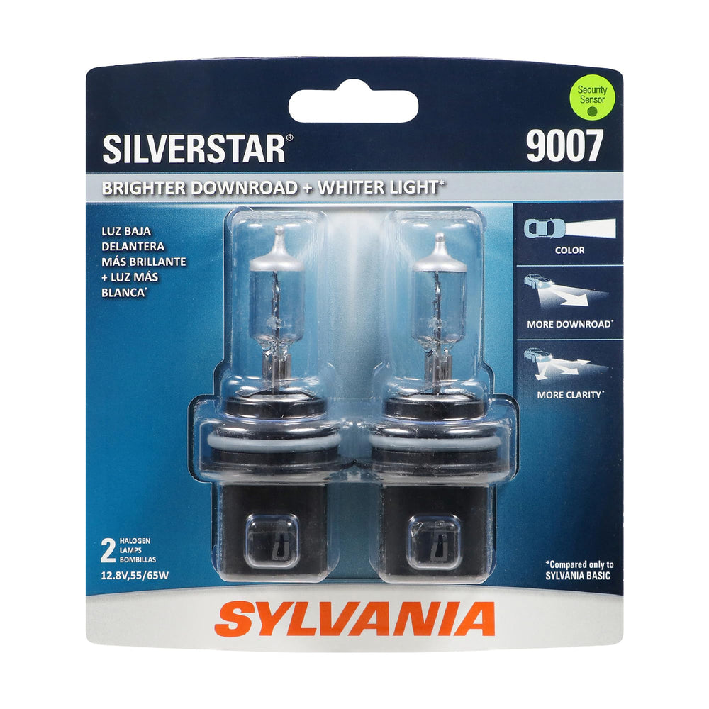 SYLVANIA 9007 SilverStar front view showing bulb shape and whiter light benefit
