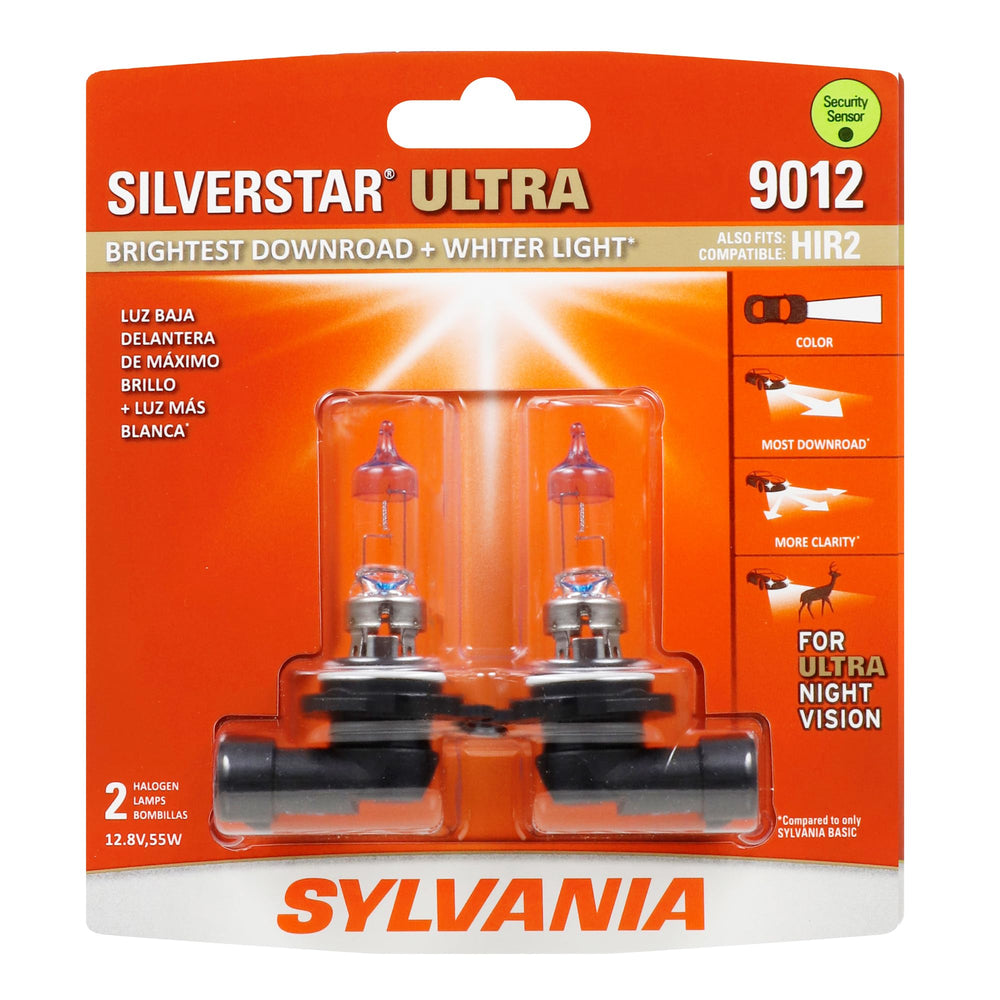 SYLVANIA 9012 SilverStar Ultra front packaging showing two bulbs and benefits