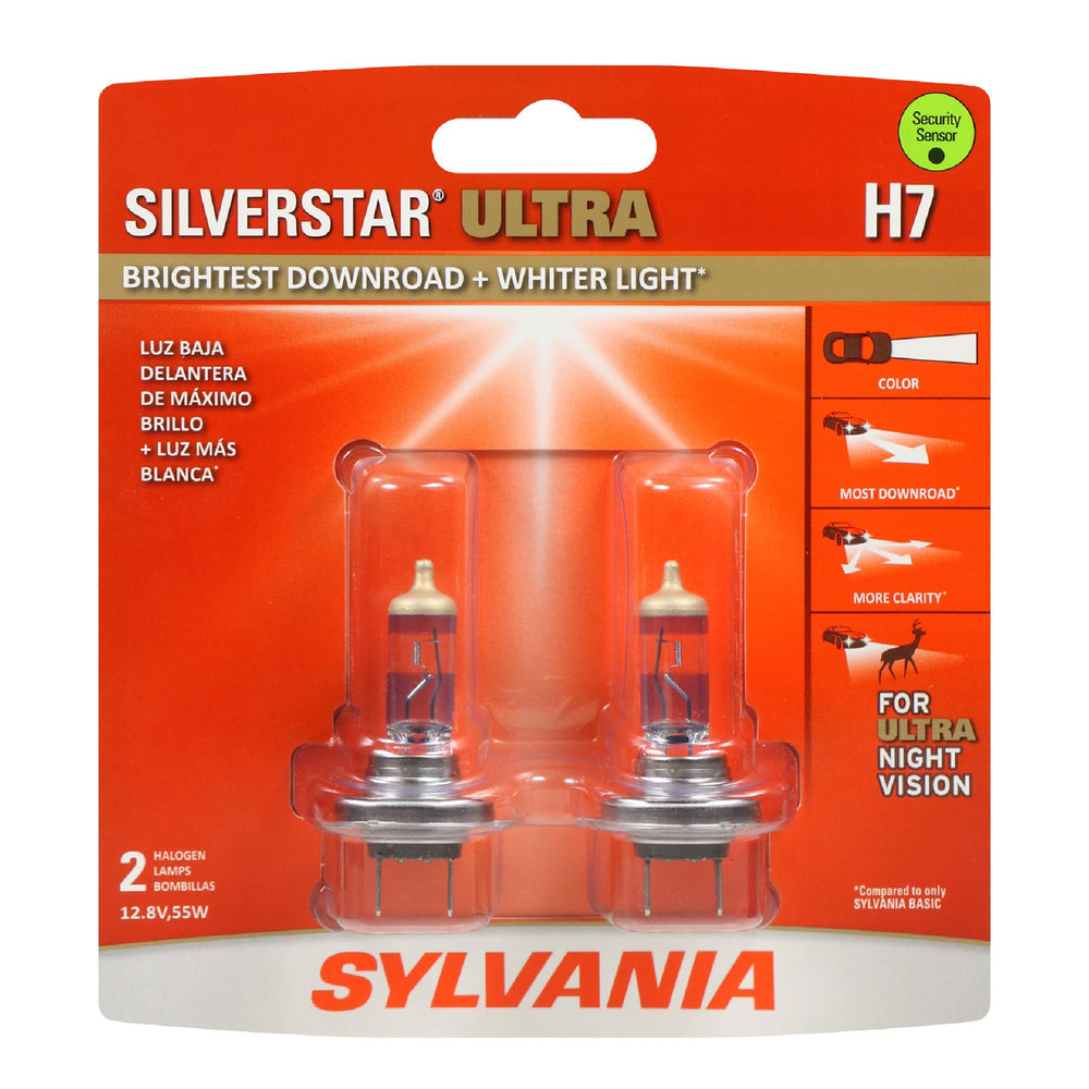 SYLVANIA front pack view showing brand and two H7 bulbs for easy replacement