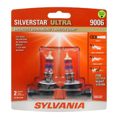 SYLVANIA SilverStar Ultra 9006 front pack showing two bulbs and benefit improved visibility