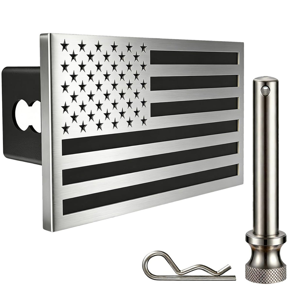 Synrroe front view of stainless steel flag hitch cover showing bold contrast and premium look