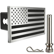 Synrroe front view of stainless steel flag hitch cover showing bold contrast and premium look