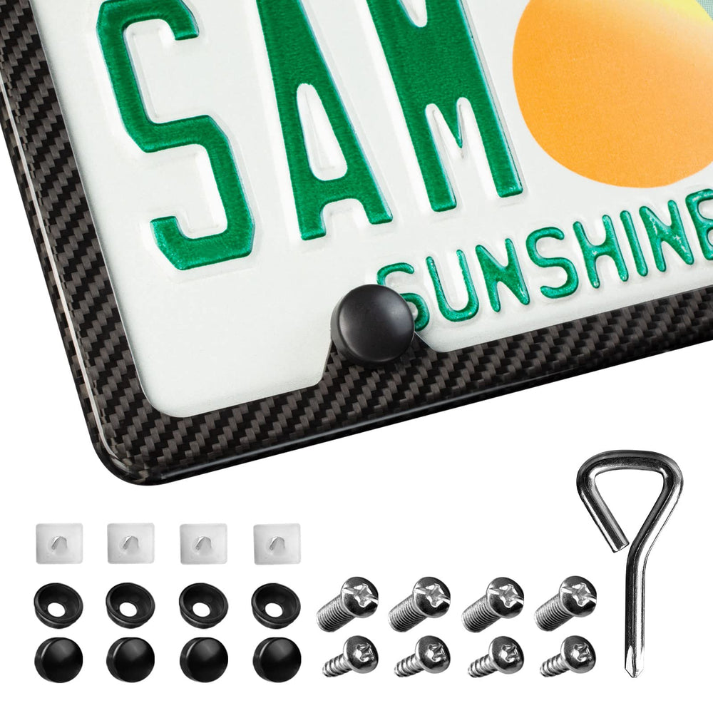 T-carbon front view of carbon fiber license plate frame showing sleek finish and upgrade
