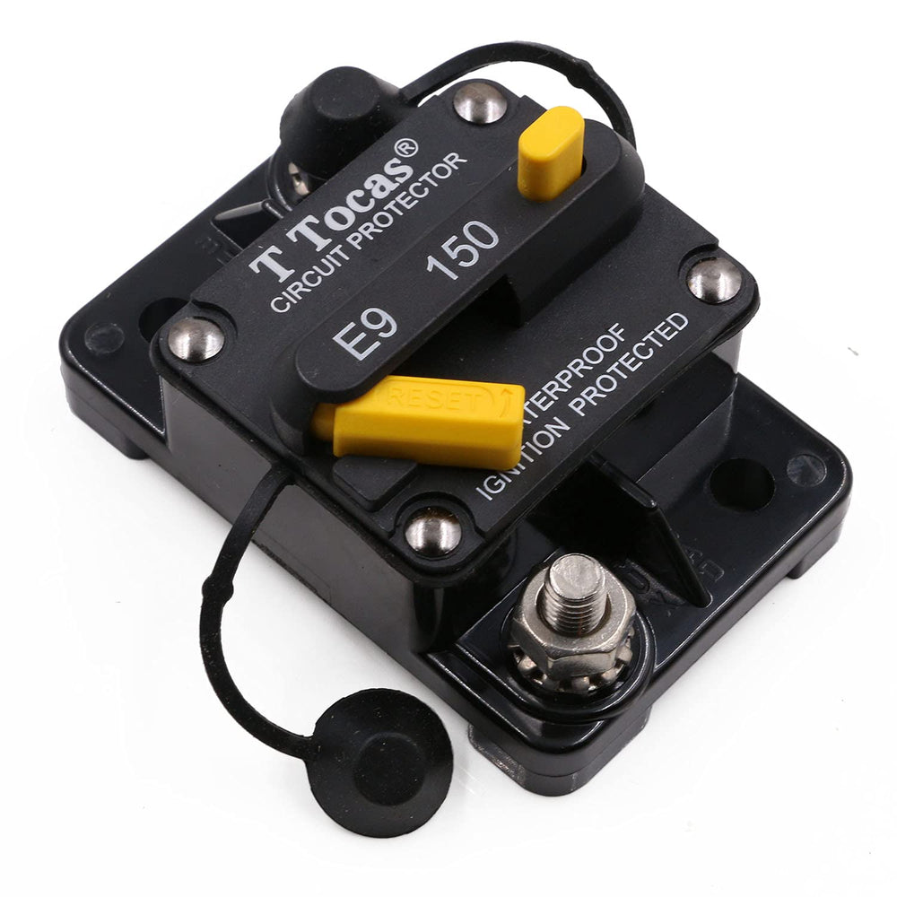 T Tocas front view of E9 150A breaker showing reset button and housing, easy identification