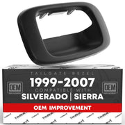 T1A tailgate bezel front view showing textured black finish and OEM fit benefits