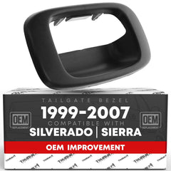 T1A tailgate bezel front view showing textured black finish and OEM fit benefits