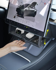 Tadpole Jump front view of under-screen tray showing neat concealed storage benefit