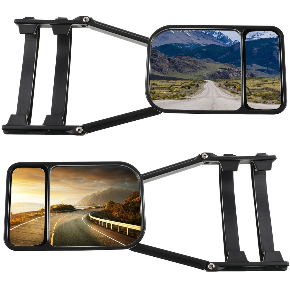 Tallew front view of clipped-on towing mirrors showing full coverage and improved sight