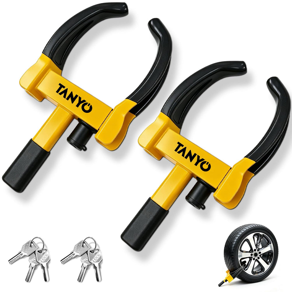 TANYO front view of wheel lock showing bright paint and solid frame for visible theft deterrence
