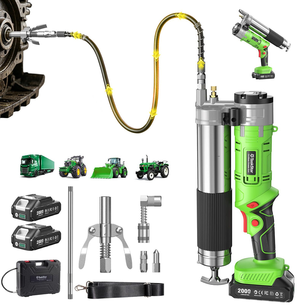 TaskStar grease gun front view showing ergonomic grip and robust build for easier handling